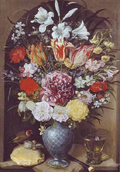 Georg Flegel Blumen, Romer und Stieglitz auf Weissbrotwecken in einer Nische France oil painting art